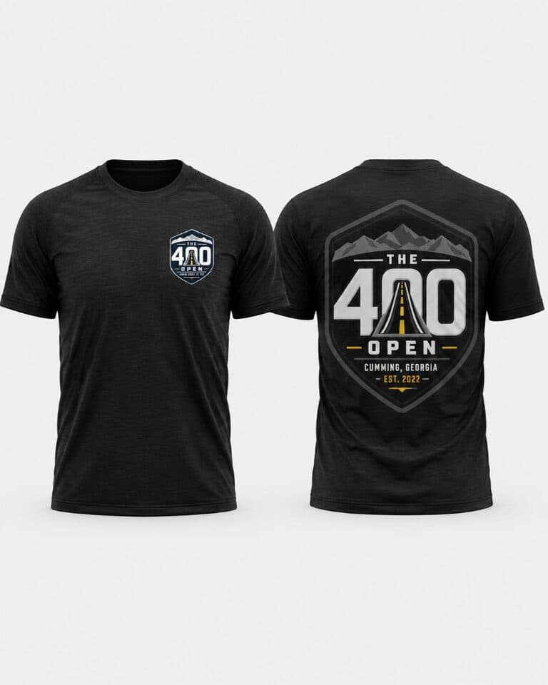 Black performance tee with The 400 Open crest on the chest and full shield on the back