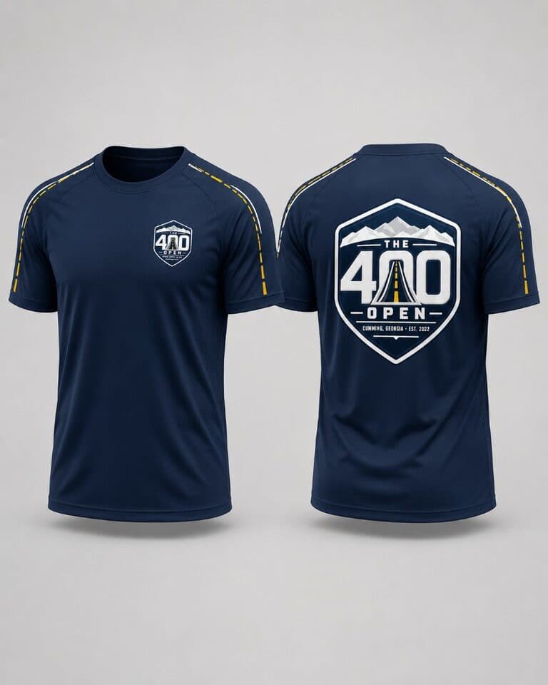 Navy performance tee with yellow shoulder stripes and The 400 Open crest