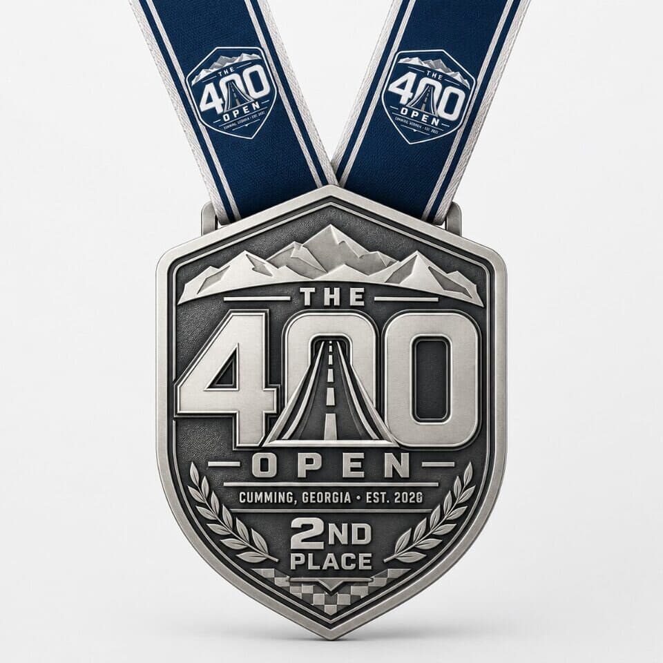 Silver 2nd place medal with The 400 Open crest on a navy ribbon